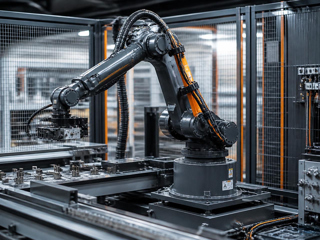 Célula de automação industrial com braço robótico e cabos condutores